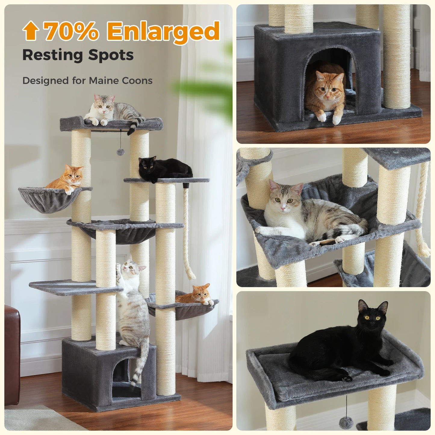 Multi-Level Cat Tree with Scratching Posts, Cozy Condo, Super Large Perch, Deep Hammocks, Tall Cat Tower for Indoor Adult Cats
