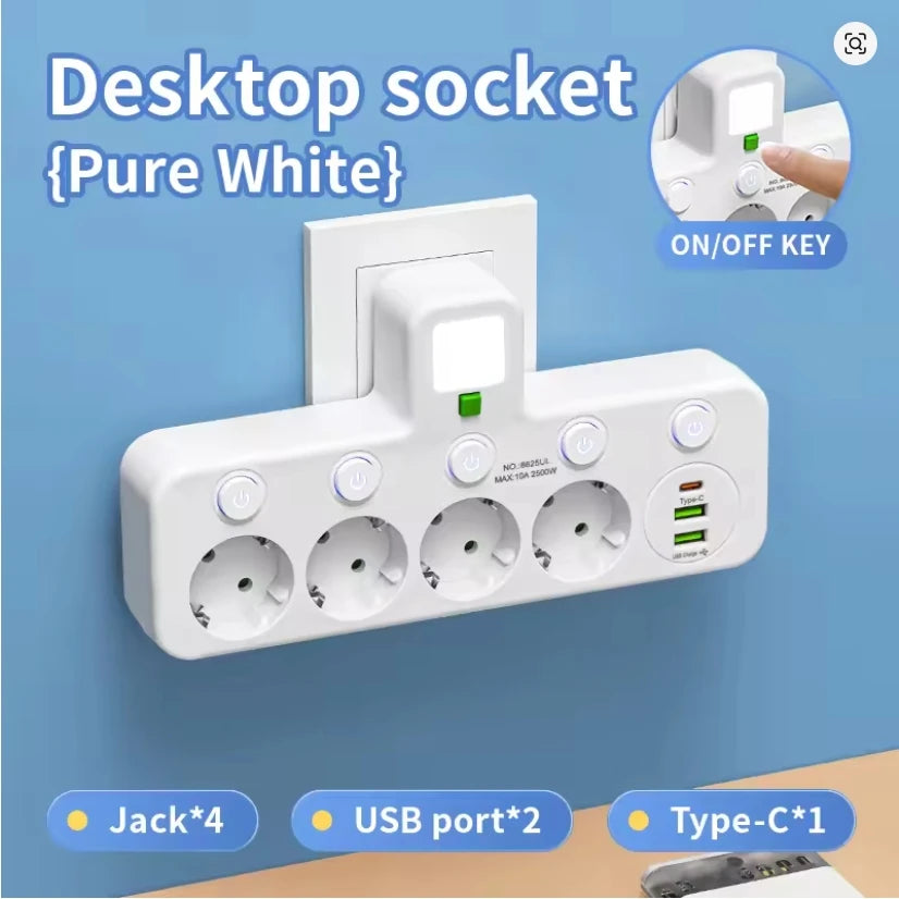 EU Plug Power Strip 4 AC Outlets 2 USB 1 Type-C Ports Two specifications Independent switch with small night light