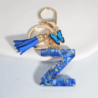 AZ Letter Keychain With Blue Stone And Butterfly Tassel Pendant
