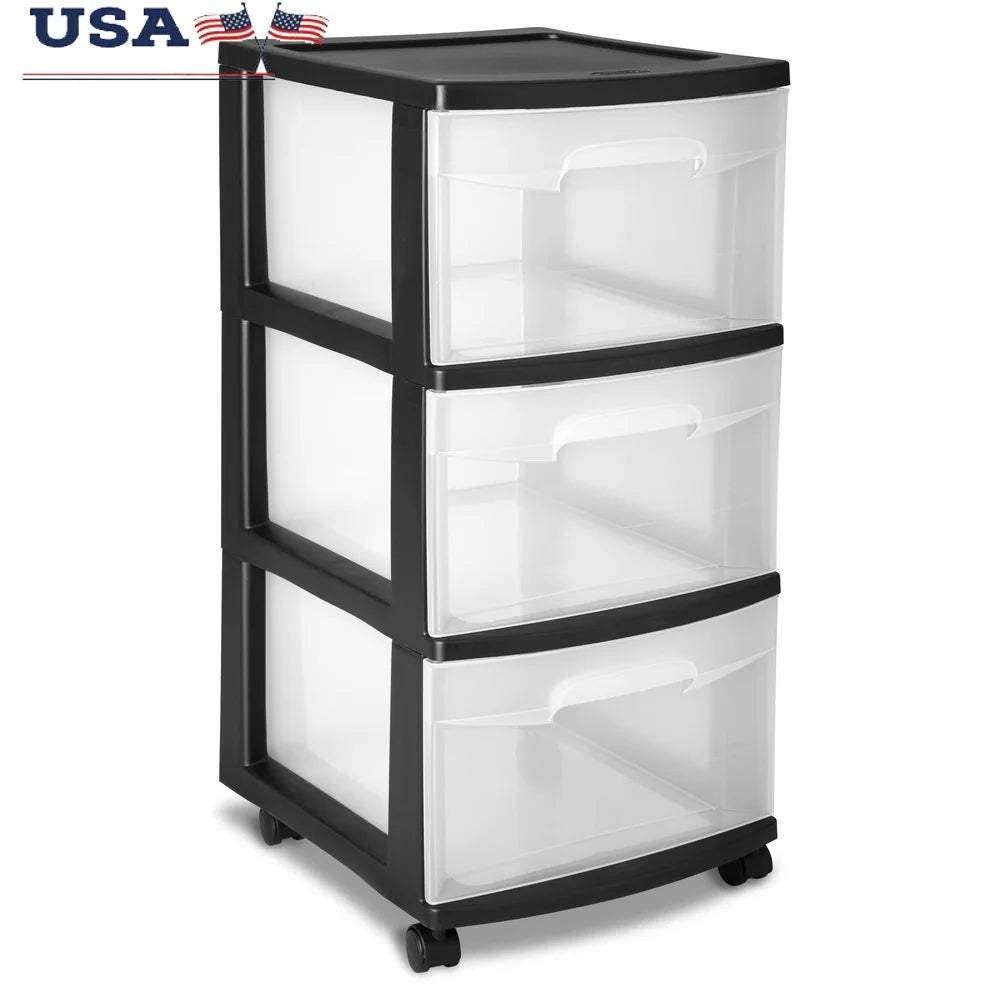 3 Drawer Plastic Storage Cart with Clear Drawers Rolling Organizer Bedroom Kitchen Bathroom Craft Room Portable Storage Solution