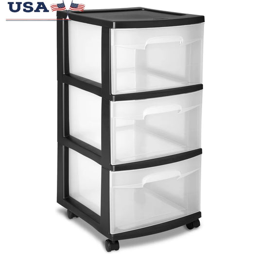 3 Drawer Plastic Storage Cart with Clear Drawers Rolling Organizer Bedroom Kitchen Bathroom Craft Room Portable Storage Solution