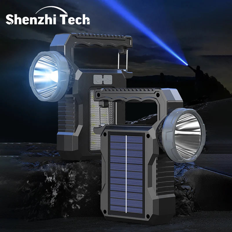 Solar Rechargeable LED Flashlight Searchlight With COB Work Light Lantern
