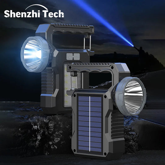 Solar Rechargeable LED Flashlight Searchlight With COB Work Light Lantern