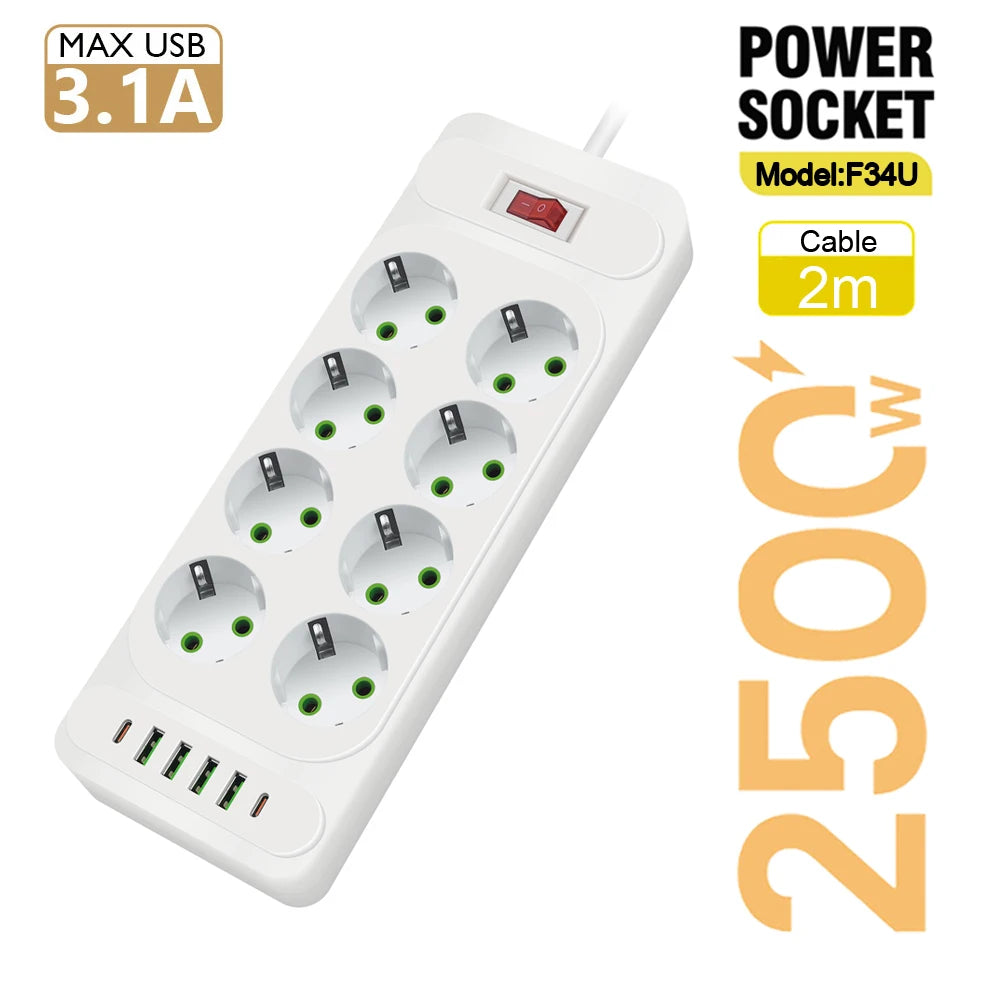 EU Plug 3-Outlet Power Strip With USB Surge Protector 2m Extension Cord Plastic