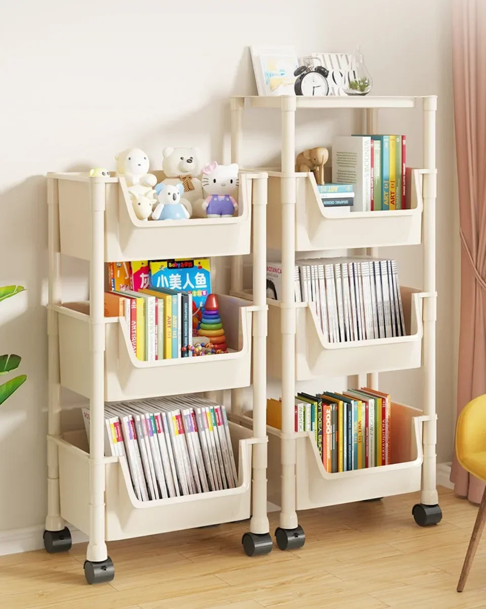 Bookshelf With Wheels Multi-Layer Movable Trolley Home Snack Organizer Shelf Kitchen Vegetable Basket Bedroom Mobile Cart Racks