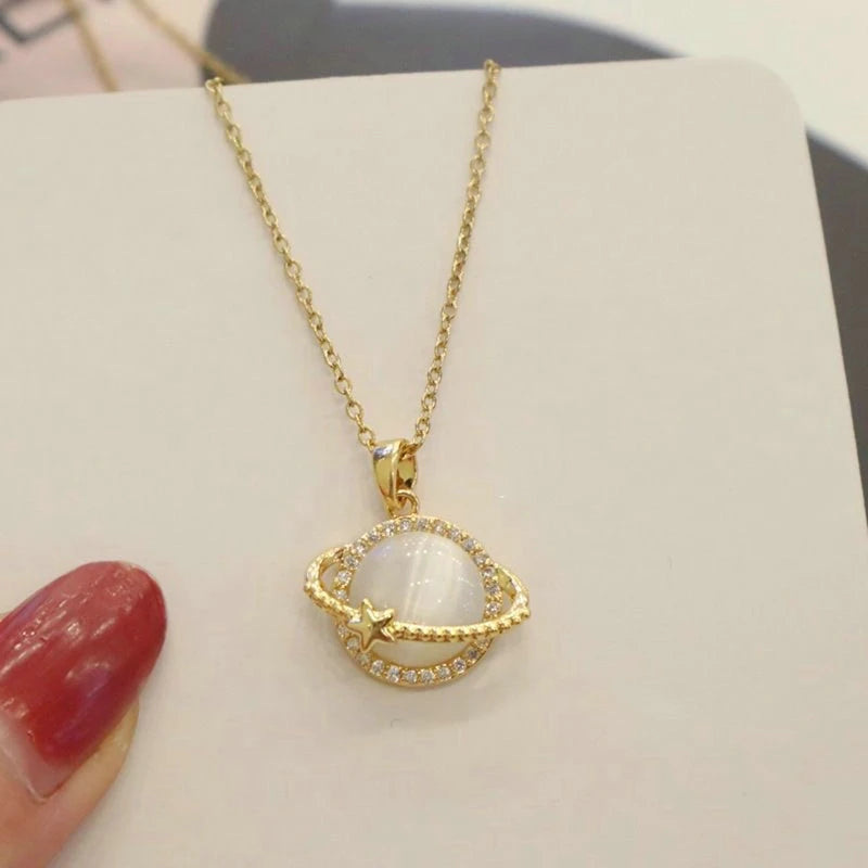 Fashion Pink Planet Heart Zircon Necklace Women Charm Aesthetic Clavicle Chain Necklace Valentines Day Gift Party Jewelry