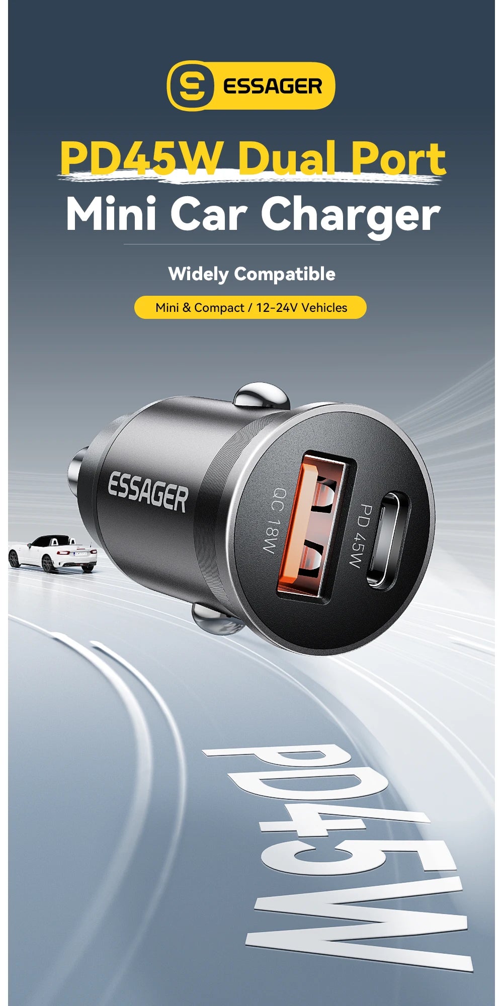 Essager 45W Mini USB Car Charger QC 3.0 PD 3.0 SCP AFC USB Type C Car Mobile Phone Charger For iPhone Huawei Samsung Xiaomi iPad