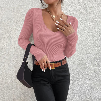 Women Rib Knit V Neck Stripe Pullover Sweater Long Sleeve Acrylic Cotton
