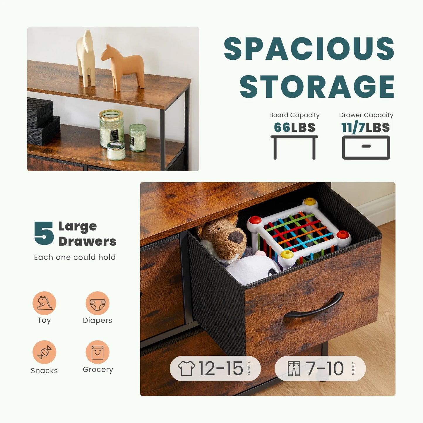 JHK Fireplace TV Stand Dresser For Bedroom With 5 Fabric Drawers Storage Closet Chest Clothes Storage Display Cabinet Furniture