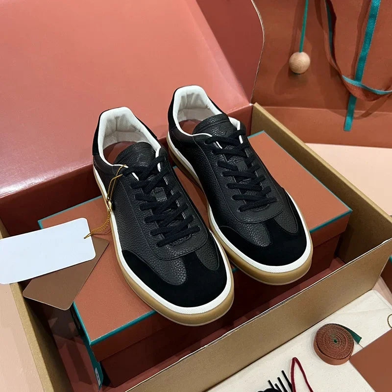 Men's Genuine Leather Lace Up Round Toe Trainer Shoes White