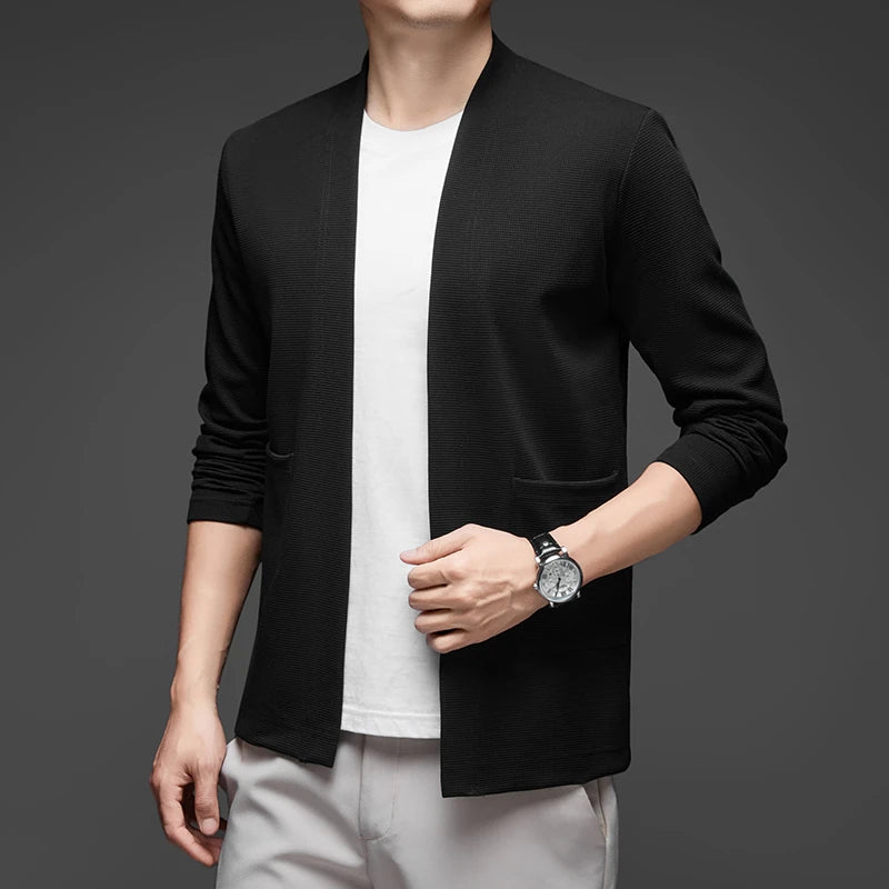 New Men's Business Casual Long Sleeved Solid Color Cloak Jacket Knitted Comfortable and Fashionable All Season Versatile Top