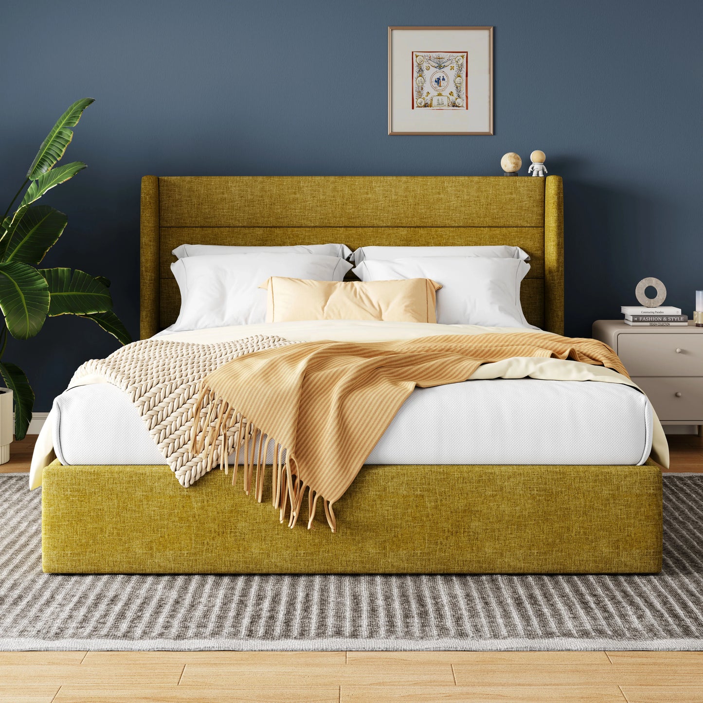 HOOMIC Lift Up Storage Bed with Wingback Headboard/Heavy-Duty Hydraulic Bed/Large Underneath Storage Allewie