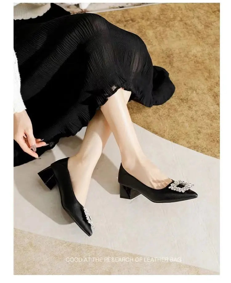 Women's Elegant Black Mid Block Heels Pumps with Crystal Rhinestone Pointed Toe Dress Shoes