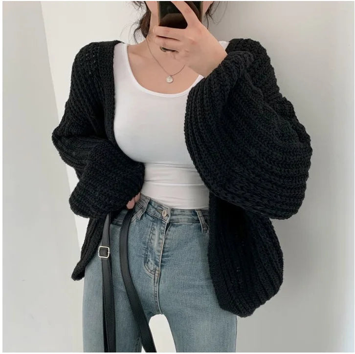 Vintage Harajuku Lantern Sleeve Women Cardigan Sweater Casual Korean Fall Streetwear Tops Coat Chic Lazy Wind Y2k Sweater