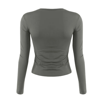 O-Neck Long Sleeve Cropped Top For Women Broadcloth Polyester