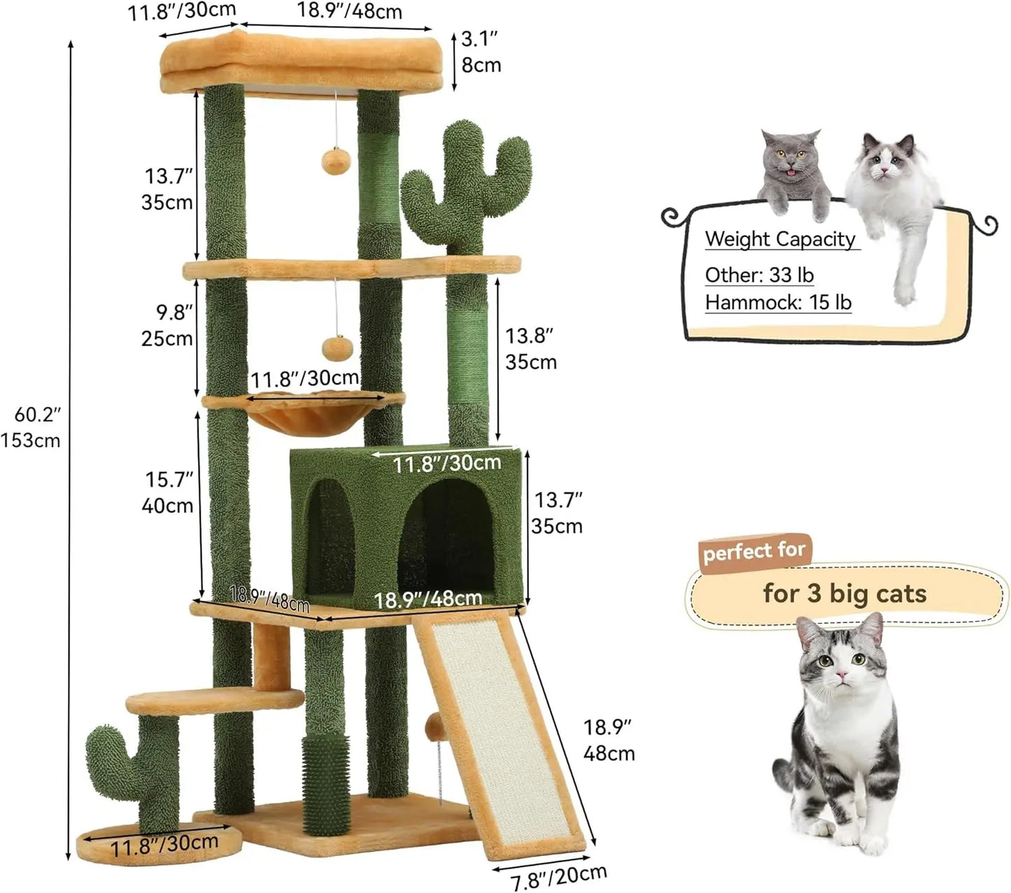 60in Tall Cactus Cat Tree Tower with Self-Grooming Brush, Climbing Condo, Perch, Basket, Scratching Posts for Indoor Cats