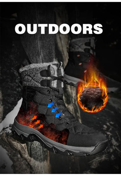 Men's Winter Snow Boots Leather Waterproof Mid-Calf Plush Lining Lace-Up