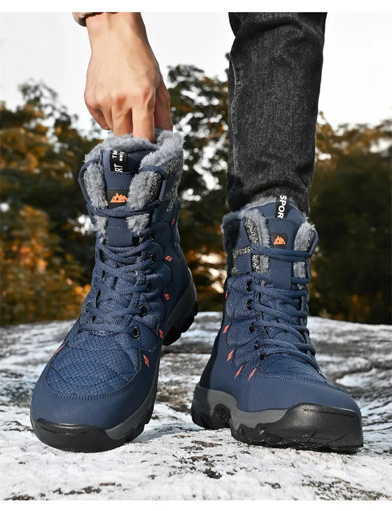 Men's Winter Snow Boots Leather Waterproof Mid-Calf Plush Lining Lace-Up