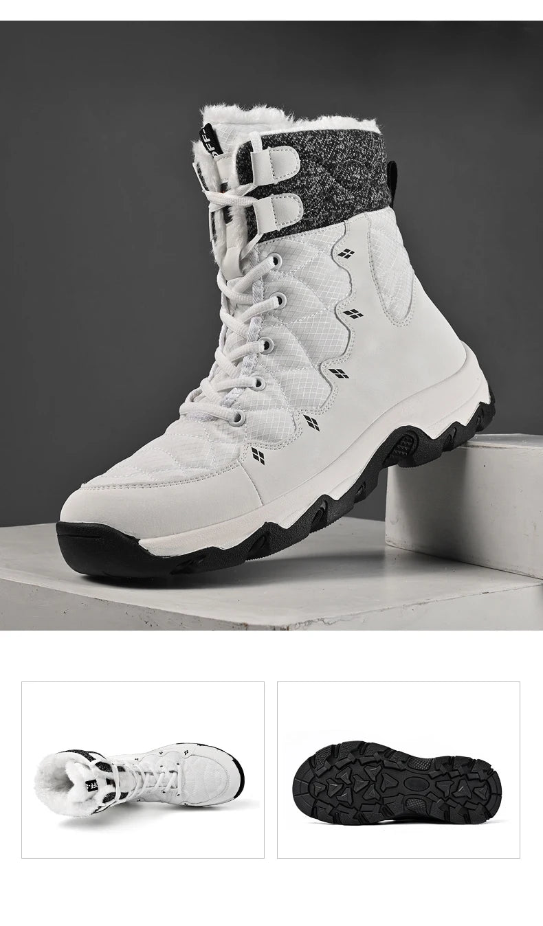 Men's Winter Snow Boots Leather Waterproof Mid-Calf Plush Lining Lace-Up