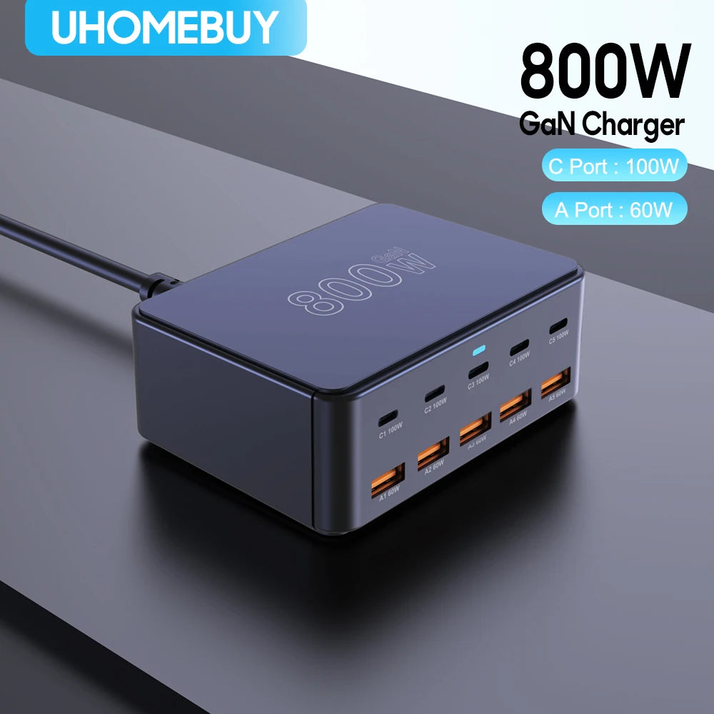 800W USB C GaN Charger 100W PD3.0 PPS QC3.0 Multiport Fast Charging Station for iPhone 15 16 Samsung Macbook Pro Laptops Tablets