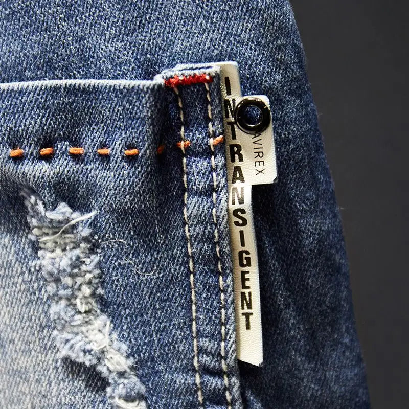 Men's Slim-Fit Elastic Jeans, Ripped Denim, Cotton, Blue Black