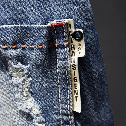 Men's Slim-Fit Elastic Jeans, Ripped Denim, Cotton, Blue Black