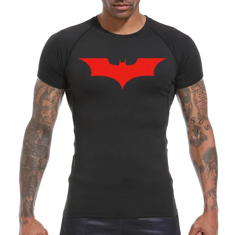 Men's Bat Print Compression Shirt Summer Short Sleeve Quick Dry Rash Guard Gym Workout Running T-Shirt Athletic Tees Tops
