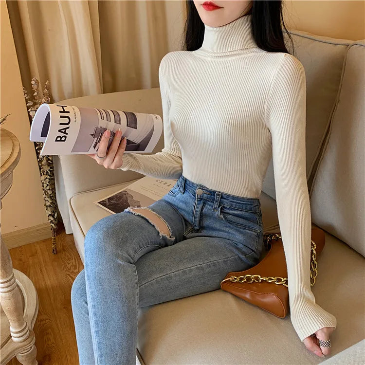 2025 Autumn Winter Women Long Sleeve Knitted Foldover Turtleneck Ribbed Pull Sweater Soft Warm Femme Jumper Pullover Clothes
