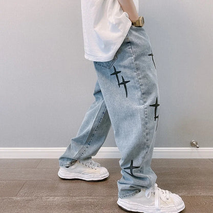 Mens Baggy Wide Leg Denim Cargo Pants Straight Fit