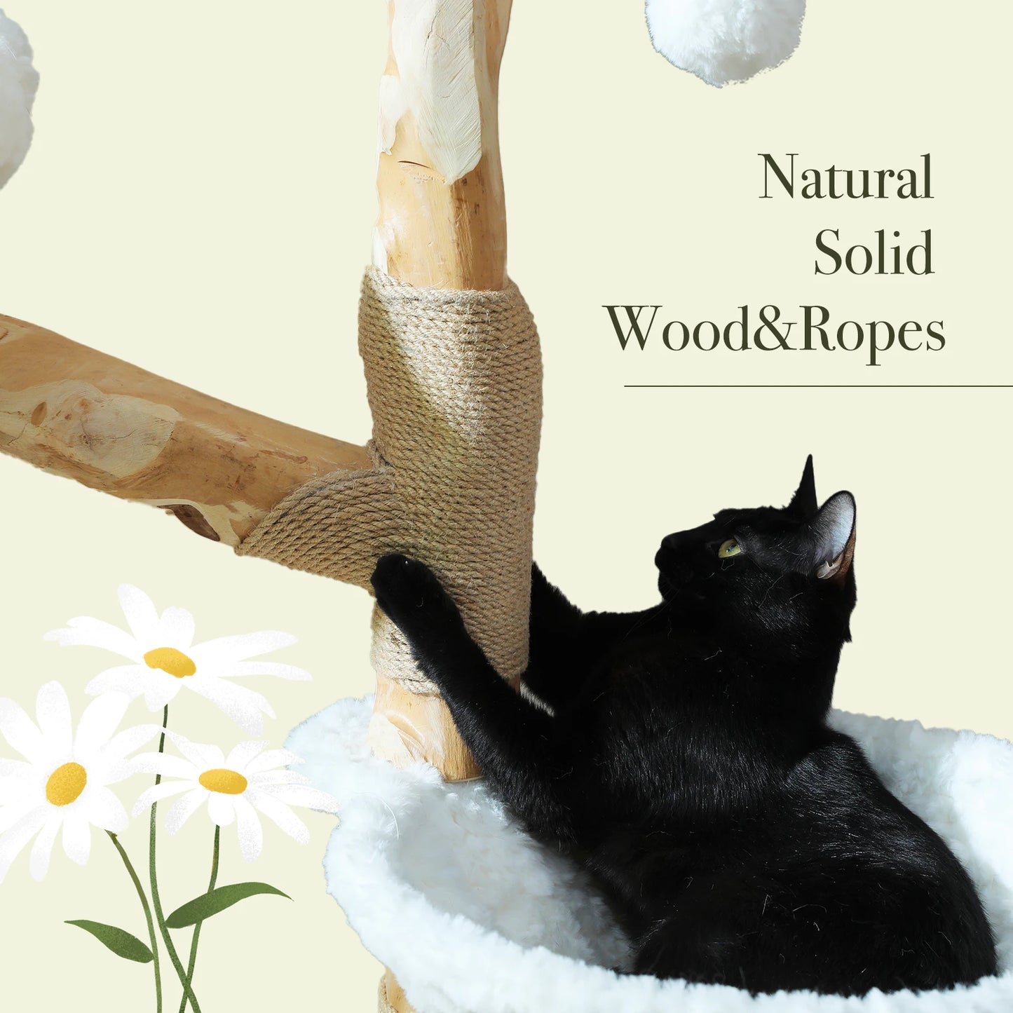 Solid Wood Cat Tree Modern Cat Tower with Spacious Cat Condo,Flower Perches,Fun Pompom,Double Comfort Perfect for Indoor Kittes