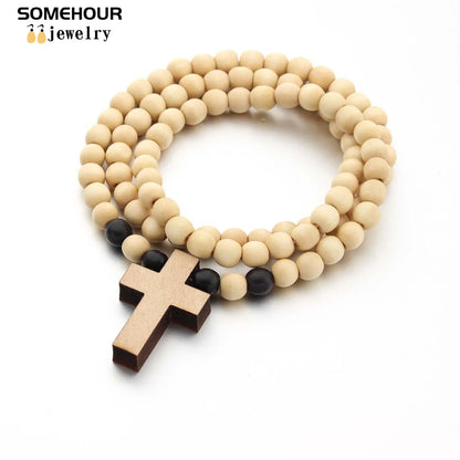 Wood Bead Cross Necklace & Bracelet Set – Religious Accessories for All