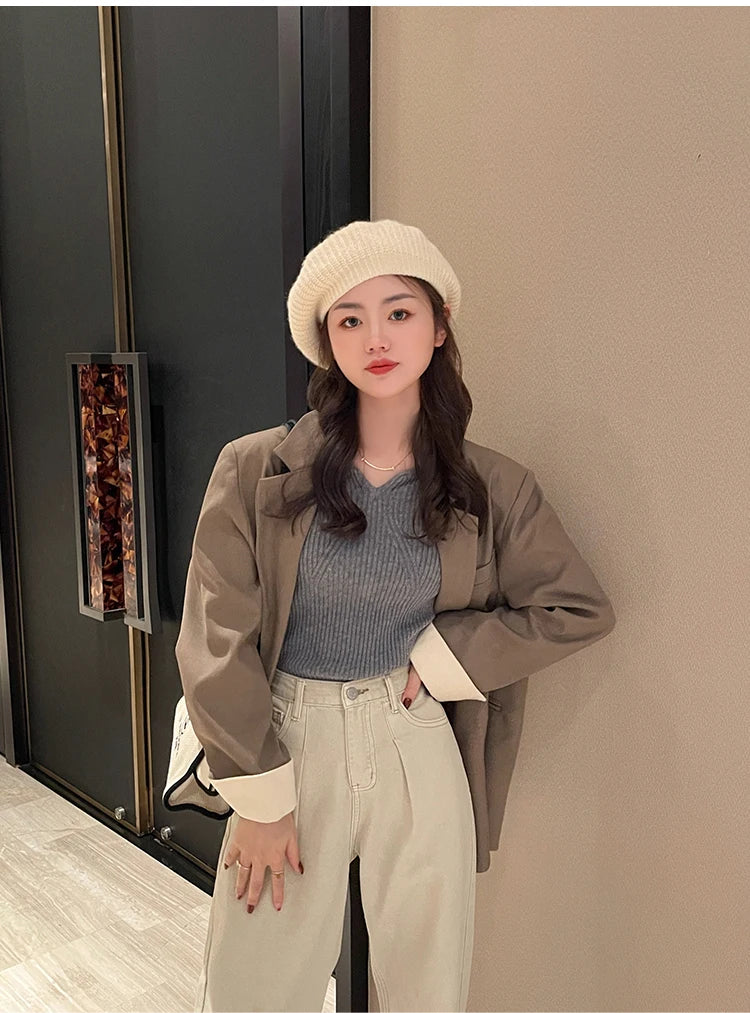 2025 Basic V-neck Chic  Autumn Winter Pullover Women Female Knitted Ribbed Sweater Slim Long Sleeve Badycon High Quality Sweater