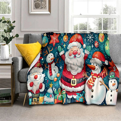 Cartoon Santa Snowman Throw Blanket Flannel Polyester Cotton