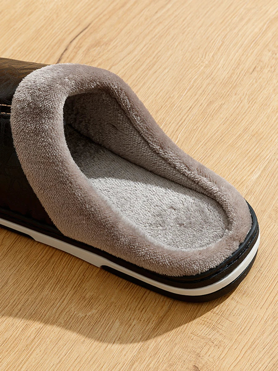 Men's PU Leather Slippers Indoor Waterproof Fur Flat Winter Home Shoes