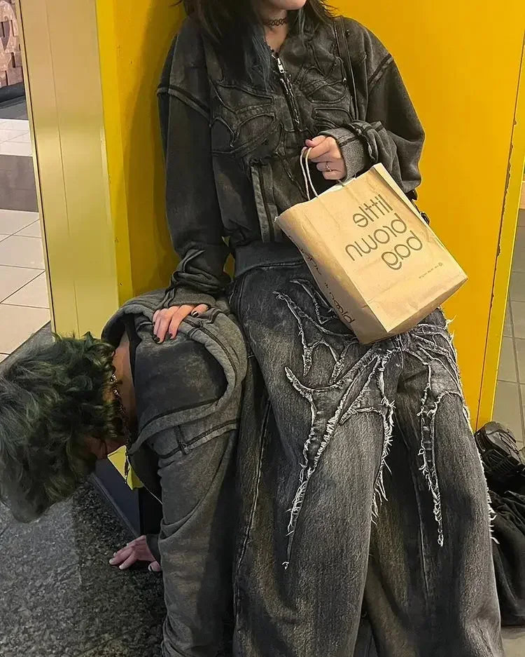 Baggy Jeans With Embroidery Splicing Pattern Y2K Vintage Wide Leg