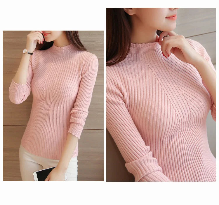 2025 Autumn Women Mock Neck Ruffles Sweater Long Sleeve Knitted Bottoming Solid Pullovers Stripe Women Casual Sweater Winter