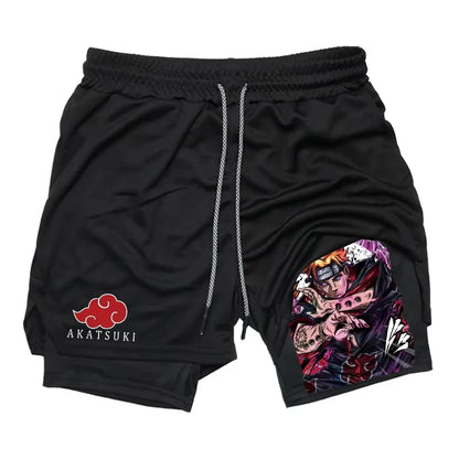 2-In-1 Compression Running Shorts With Towel Loop Pockets Anime Print