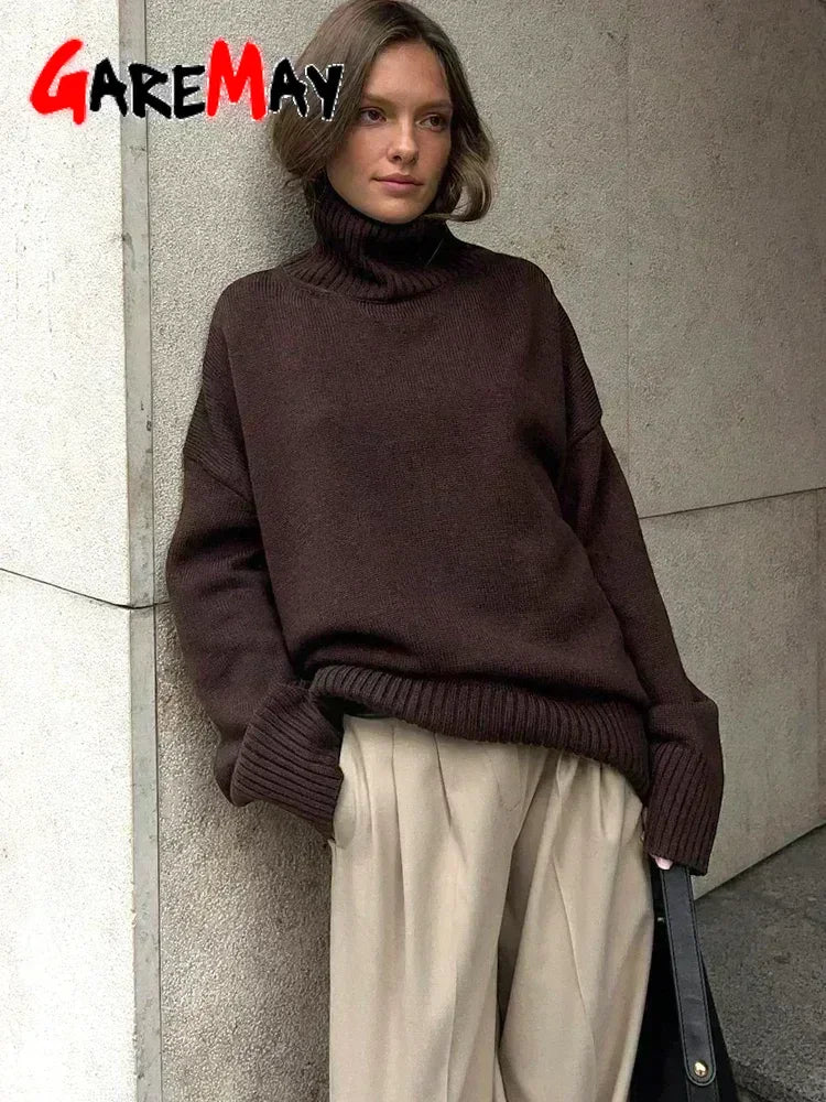 Women's Oversized Turtleneck Knitted Sweater Regular Length Soft Knit