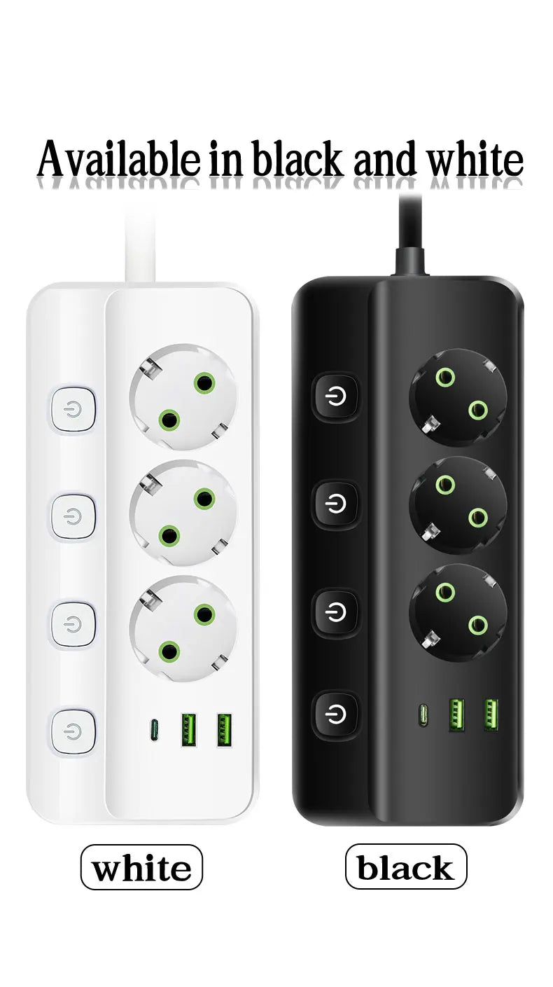 EU Plug Electrical Socket with 3/5 AC Outlets 2 USB Ports + 1 Type C 6/8-in-1 Plug Socket Adapter 2M Power Strip for Home Office