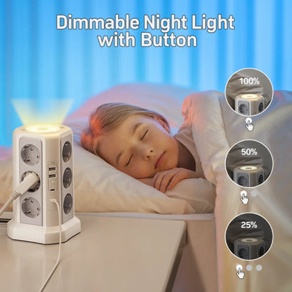 Surge Protector Multi-Socket 4000W 16A, 2 USB A, 2 USB C, 2m Gray Night Light