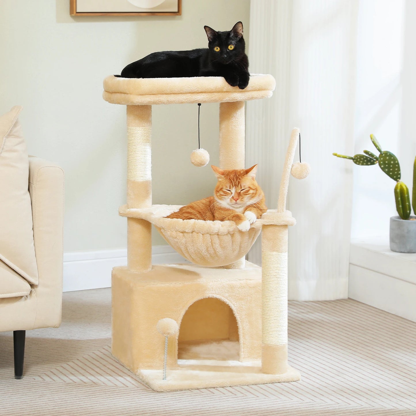 Small Cat Tree with Cozy Condo Hammock Top Perch Cat Scratching Post for Indoor Multi-Level Cat Tower Cat Scratcher Kitten Toys