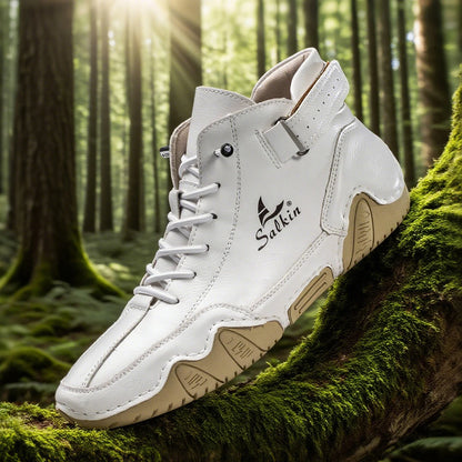 Men's Outdoor Leather Boots Lace Up Ankle Boots White Breathable