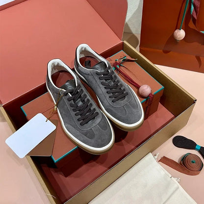 Men's Genuine Leather Lace Up Round Toe Trainer Shoes White