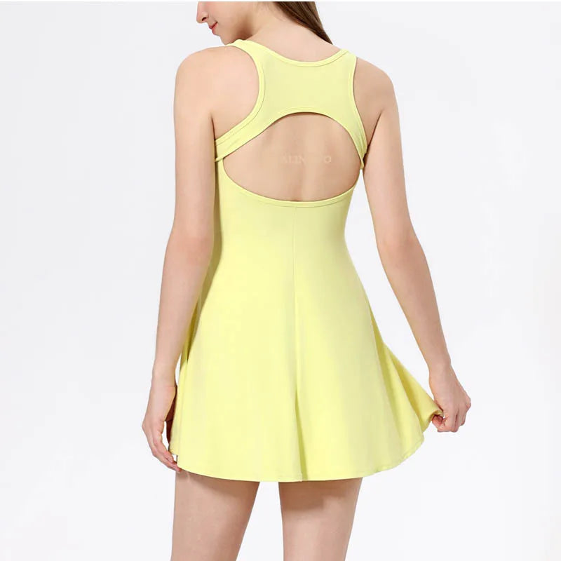 VITALINOVO Square Neck Womens Two Pieces Tennis Dress with Shorts Open Racerback Built-in Bra Workout Athletic Golf Dresses