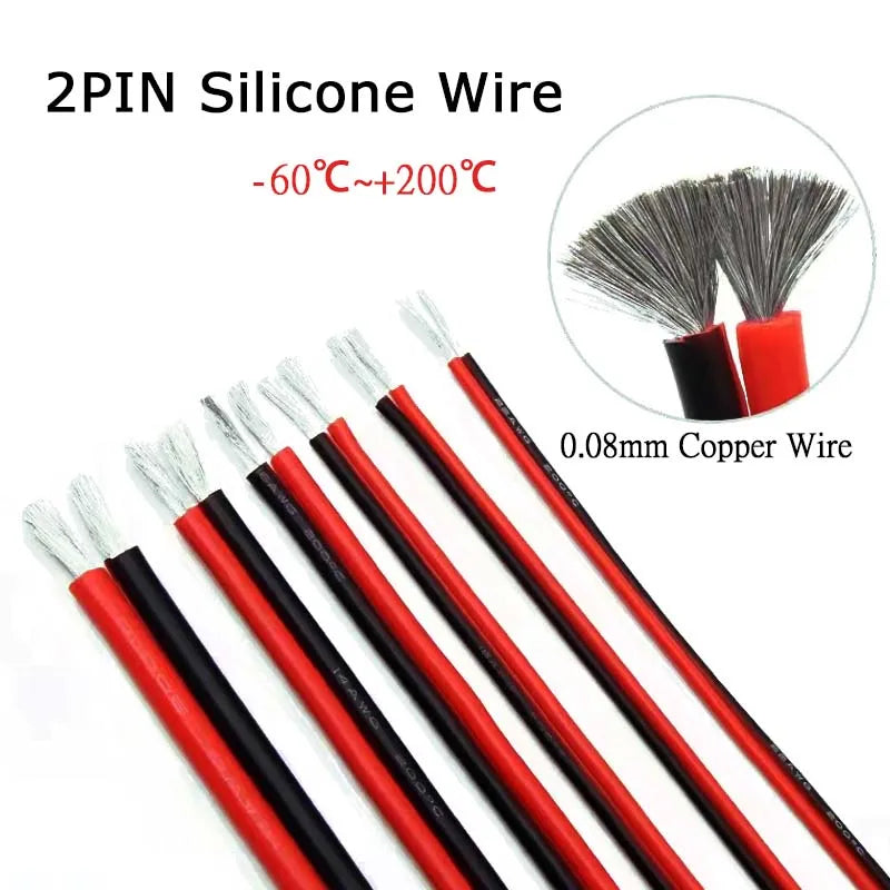 2Pin Silicone Cable 10 12 14 16 18 20 22 24 26 AWG Super Soft Copper Electrical Wire 5m 10m 20m For Car Battery Inverter Motor