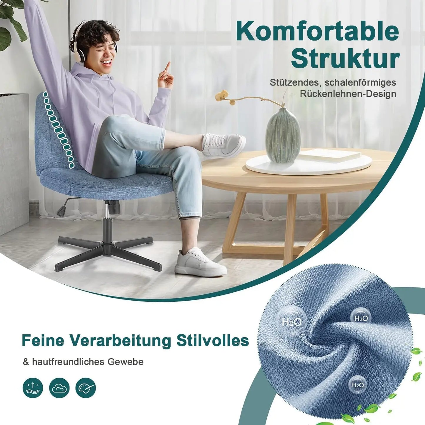 Criss Cross Legged Office Chair, Armless Wide Seat No Wheels, Modern Home Desk Height Adjustable Swivel