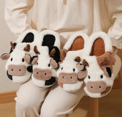 Cartoon Cow Plush Slippers For Women Winter Indoor Non-Slip Rubber Sole