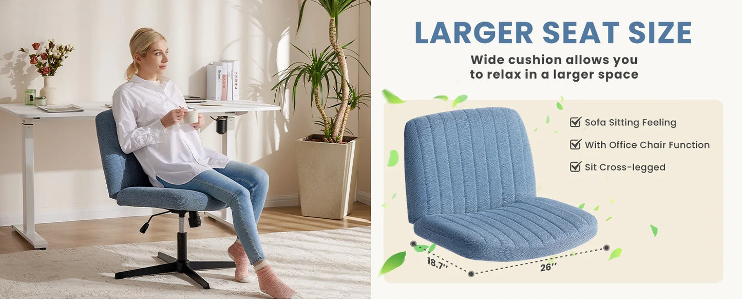 Criss Cross Legged Office Chair, Armless Wide Seat No Wheels, Modern Home Desk Height Adjustable Swivel
