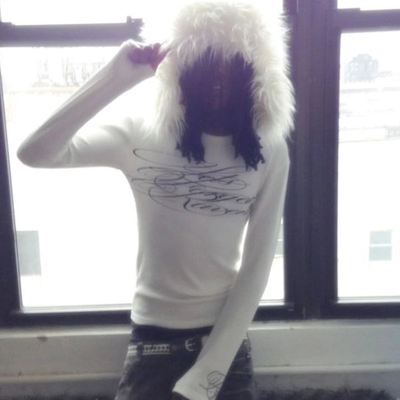 Hip Hop Punk Grunge Men Women Long Sleeve T-Shirt Casual Slim Chic Gothic Letter Print O-Neck Top Y2K Harajuku Unisex Streetwear