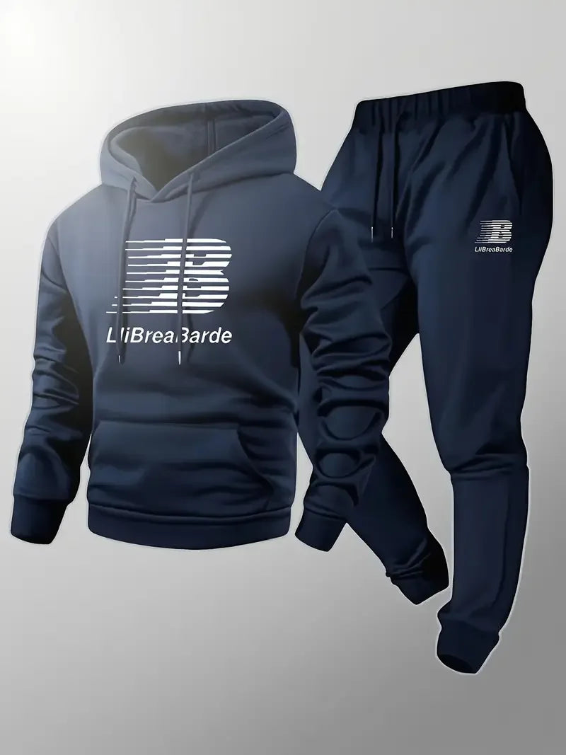 Men's letter printed casual hooded sports suit with polyester fiber long sleeved pullover and drawstring running pants suitable